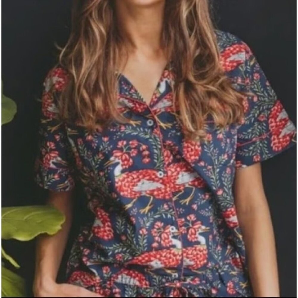 Printfresh Anthropologie Queen Lotus Bird‎ Print Pajama Top Button Up Size XS